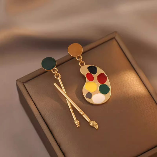 Abstract Paintbrush Palette Earrings - Handmade Asymmetric Clip-Ons, Artsy Earrings for Non-Pierced Ears & Daily Wear