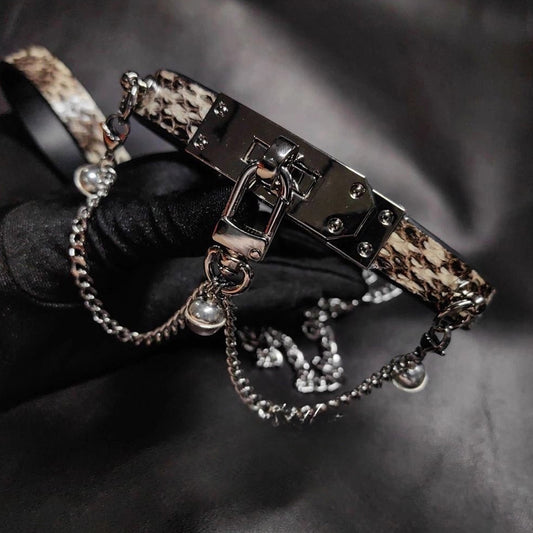 Black White Gray Snake Print Choker - Detachable Bell P-Chain Collar, Edgy Unisex Neck Accessory