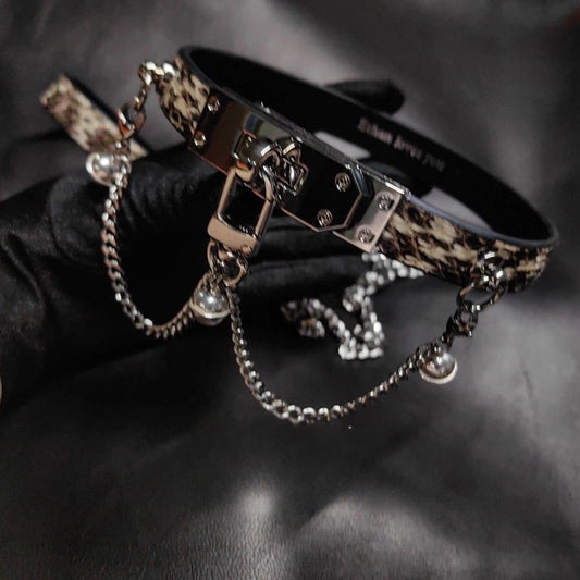 Black White Gray Snake Print Choker - Detachable Bell P-Chain Collar, Edgy Unisex Neck Accessory