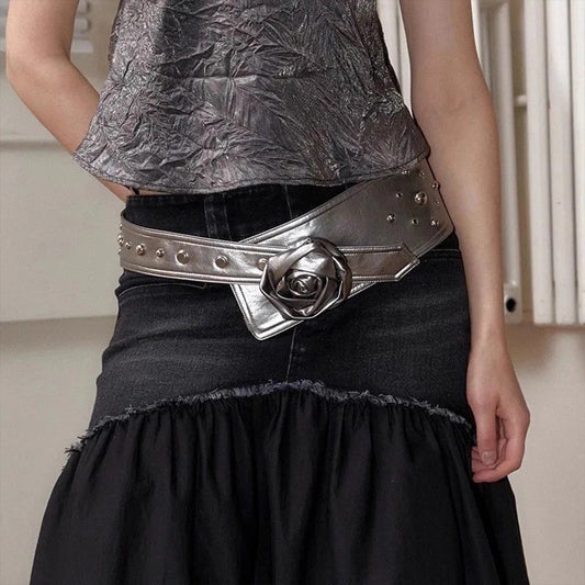 Y2K Rose Design Wide Belt - Vintage Silver Waist Belt with Rivets, Edgy Accessory for Y2K & Retro Looks