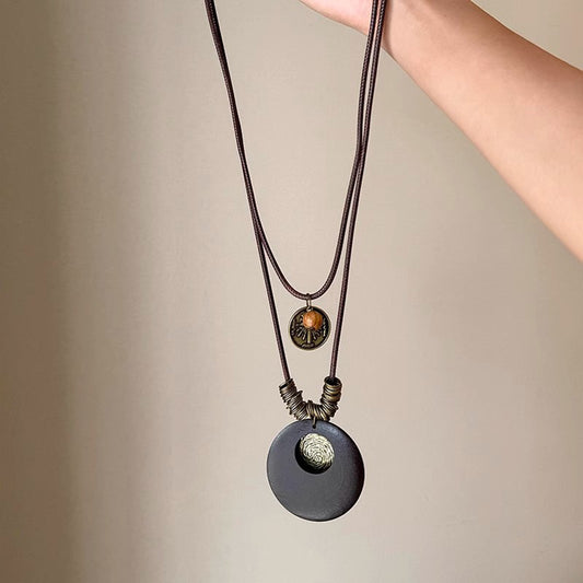 New Chinese Zen Double - Layer Bronze Round - Plate Necklace for Women, with Retro Ethnic & Bohemian Flair, Perfect for Sweater Styling