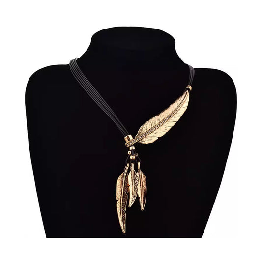 Bohemian Retro European - American Style Feather & Leaf Diamond - Inlaid Multi - Layer Tassel Necklace, a Gorgeous Accessory for Women, Great for Clavicle and Sweater Styling