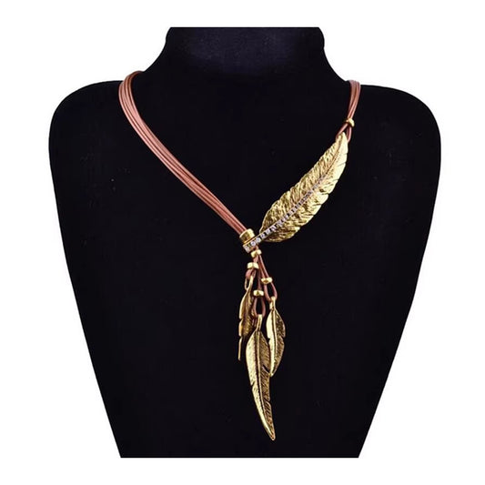 Bohemian Retro European - American Style Feather & Leaf Diamond - Inlaid Multi - Layer Tassel Necklace, a Gorgeous Accessory for Women, Great for Clavicle and Sweater Styling