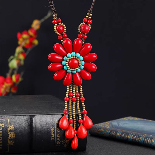 Retro Ethnic Style Turquoise Flower Necklace, Thai Handmade Long Tassel Design, a Versatile Accessory for Women's Fall - Winter Sweaters