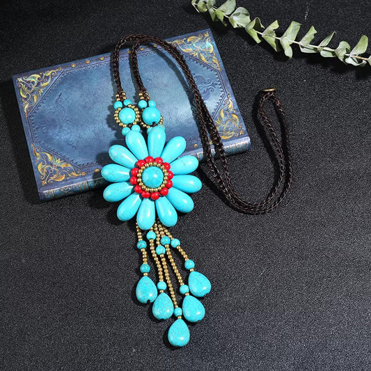 Retro Ethnic Style Turquoise Flower Necklace, Thai Handmade Long Tassel Design, a Versatile Accessory for Women's Fall - Winter Sweaters
