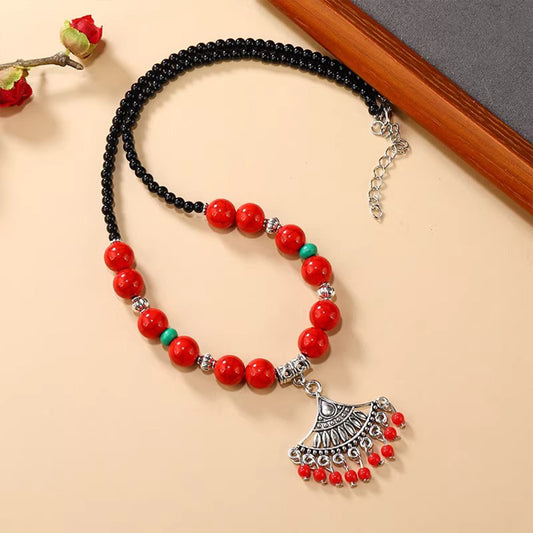 Exotic Retro Tibetan Headpiece, Forehead Chain and Center - Drop, Red Clavicle Chain, Ideal Women's Accessory