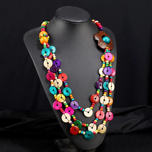 Bohemian Vacation Colorful Coconut Shell Wooden Necklace - Bold Ethnic Long Statement Jewelry, Perfect for Beach & Travel Looks
