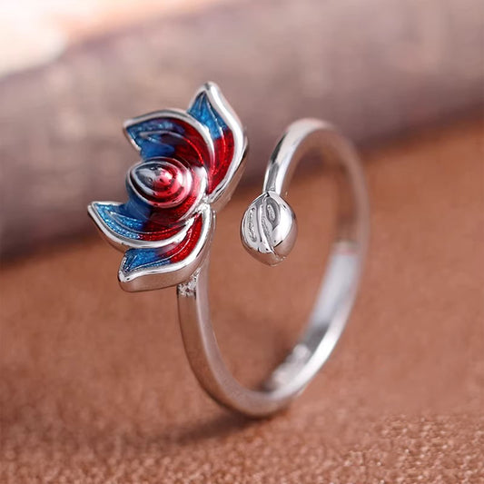 Siam - style Cloisonné Lotus Ring for Women, Retro & Minimalist Design, an Elegant Open - ring Jewelry for Daily Wear