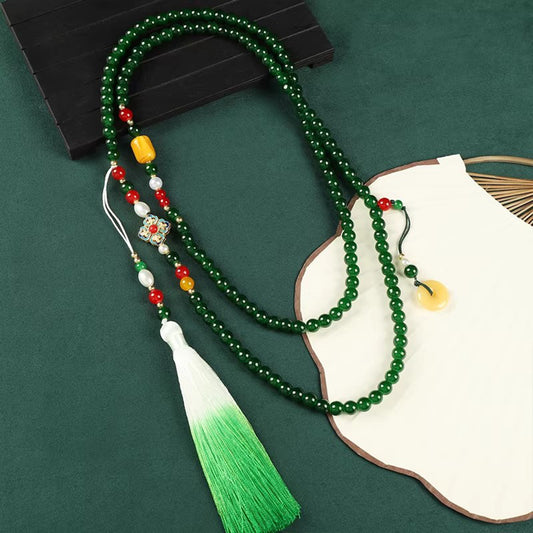 Chinese Style Green Glass Agate Beaded Necklace - Premium Long Crossbody Chain, Perfect Qipao & Sweater Accessory for Women
