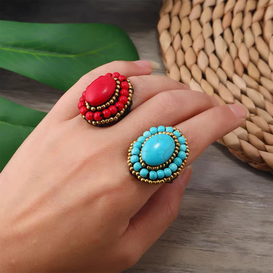 Retro Ethnic Handwoven Turquoise Ring - Thai Bold Versatile Minimalist Band, Perfect for Elevating Daily Looks