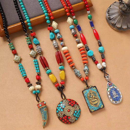 Original Tibetan Retro Long Necklace - Exotic Nepalese Turquoise Woven Pendant, Unique Unisex Ethnic Accessory for Daily & Travel