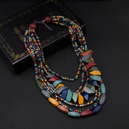 Western Vintage Morandi Wooden Bead Necklace - Bohemian Bold Vacation Stage Accessory, Perfect for Retro & Ethnic Outfits
