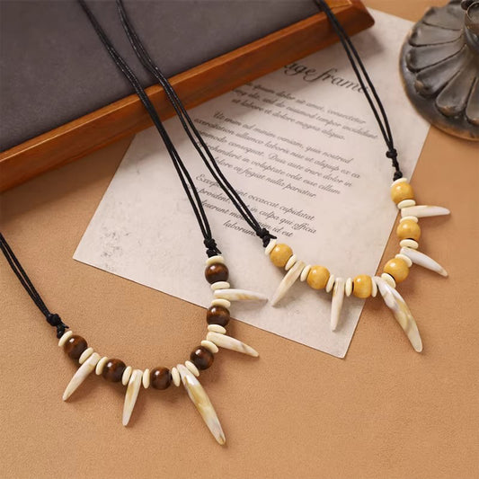 Handwoven Wolf Tooth Wood Bead Necklace - Tribal Ethnic Unisex Retro Sweater Chain, Perfect for Bold & Unique Looks