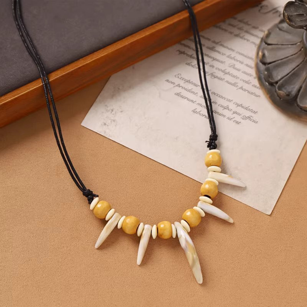 Handwoven Wolf Tooth Wood Bead Necklace - Tribal Ethnic Unisex Retro Sweater Chain, Perfect for Bold & Unique Looks