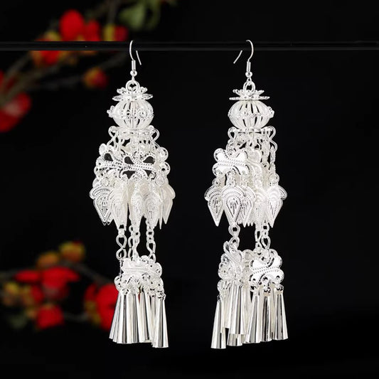 Retro Miao Silver Tassel Earrings - Ethnic Long Bell Dangles, Ideal for Dance & Special Occasions