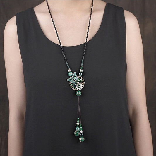 Retro Ethnic Jade Necklace - Premium Long Versatile Sweater Chain with Glass Pendant