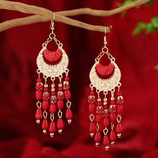 Ethnic Green Tassel Earrings - Boho Retro Long Vacation Drops for Her